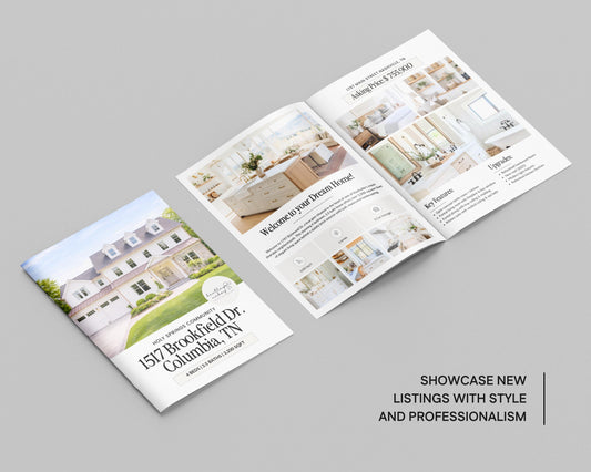 The image is a brochure for a real estate listing, showcasing a large house with a welcoming message and additional images of the property.