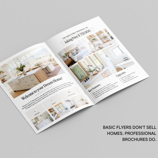 The image is a brochure or flyer for a real estate company, displaying various home interior design and renovation images.