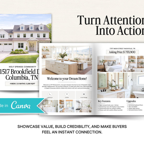 The image is a real estate advertisement featuring a large, white house with a wrap-around porch, surrounded by lush greenery. The ad highlights the house's features, such as the spacious layout, open concept living, and updated kitchen. The ad also includes a list of key features and upgrades, and a call to action to turn attention into action.