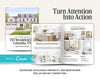 The image is a real estate advertisement featuring a large, white house with a wrap-around porch, surrounded by lush greenery. The ad highlights the house's features, such as the spacious layout, open concept living, and updated kitchen. The ad also includes a list of key features and upgrades, and a call to action to turn attention into action.