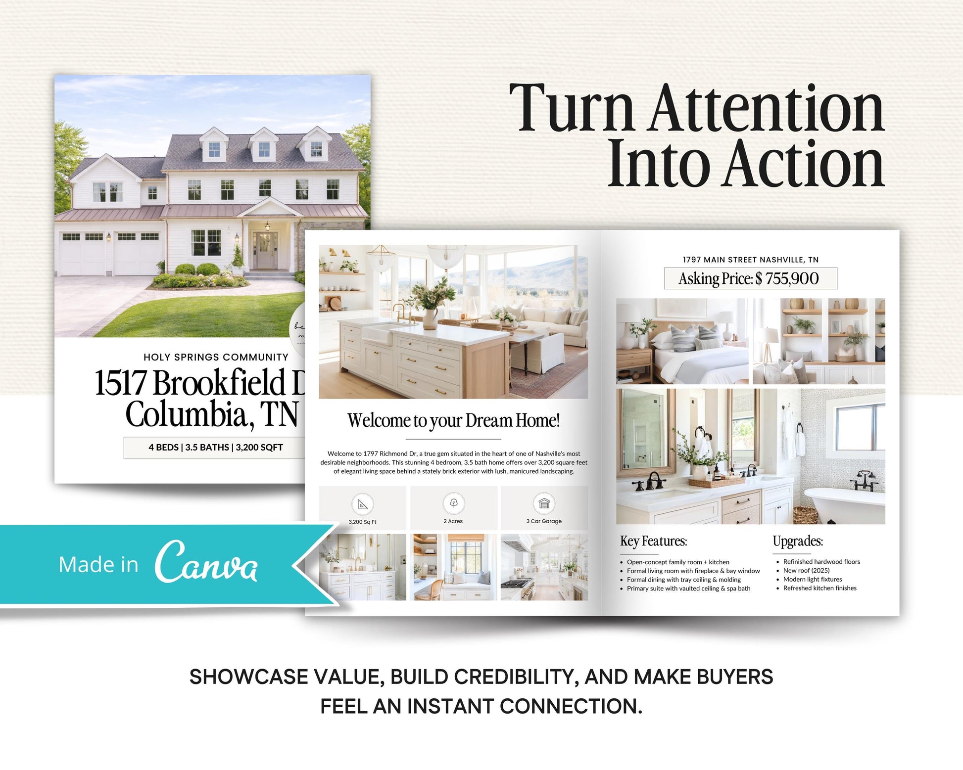 The image is a real estate advertisement featuring a large, white house with a wrap-around porch, surrounded by lush greenery. The ad highlights the house's features, such as the spacious layout, open concept living, and updated kitchen. The ad also includes a list of key features and upgrades, and a call to action to turn attention into action.