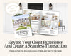 The image is a marketing material for a real estate company, promoting the idea of elevating client experiences and creating seamless transactions. It features a brochure, a flyer, and a website page with images of houses and kitchen designs, along with text that encourages standing out as the solution while others add to the noise.