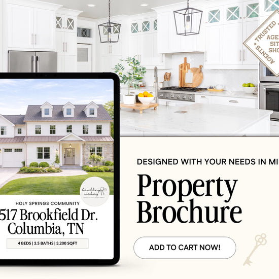 The image is a promotional advertisement for a property brochure. It features a large image of a two-story house with a wrap-around porch, located in Columbia, Tennessee. The house has a total of four bedrooms and three bathrooms. The advertisement also includes a call to action button for the brochure, and a tagline that reads "Designed with your needs in mind".