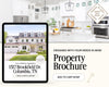 The image is a promotional advertisement for a property brochure. It features a large image of a two-story house with a wrap-around porch, located in Columbia, Tennessee. The house has a total of four bedrooms and three bathrooms. The advertisement also includes a call to action button for the brochure, and a tagline that reads "Designed with your needs in mind".