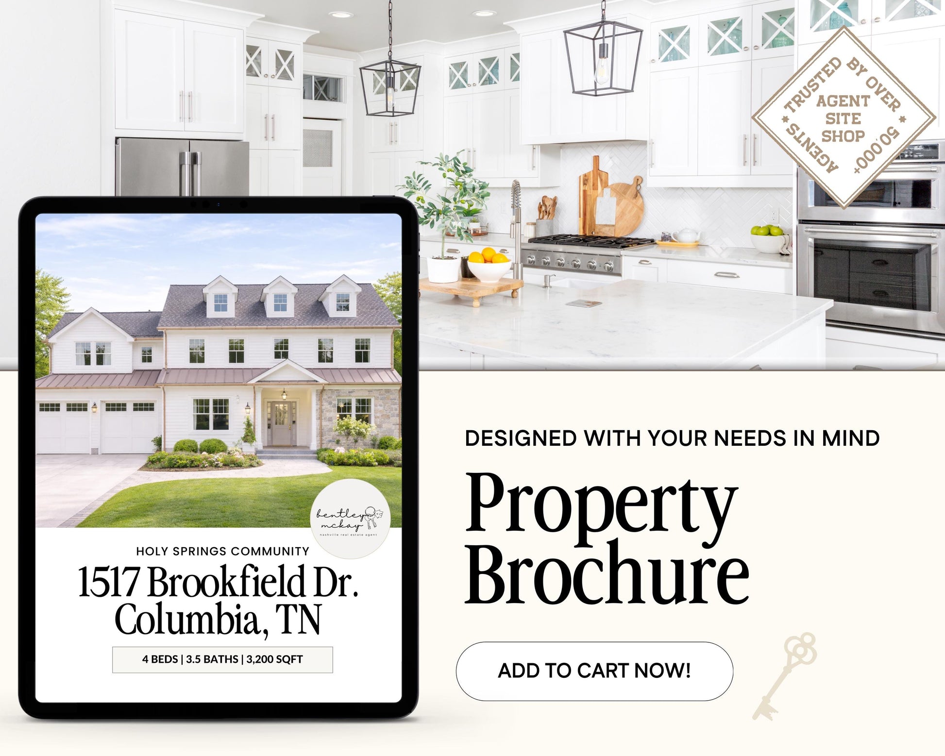 The image is a promotional advertisement for a property brochure. It features a large image of a two-story house with a wrap-around porch, located in Columbia, Tennessee. The house has a total of four bedrooms and three bathrooms. The advertisement also includes a call to action button for the brochure, and a tagline that reads "Designed with your needs in mind".