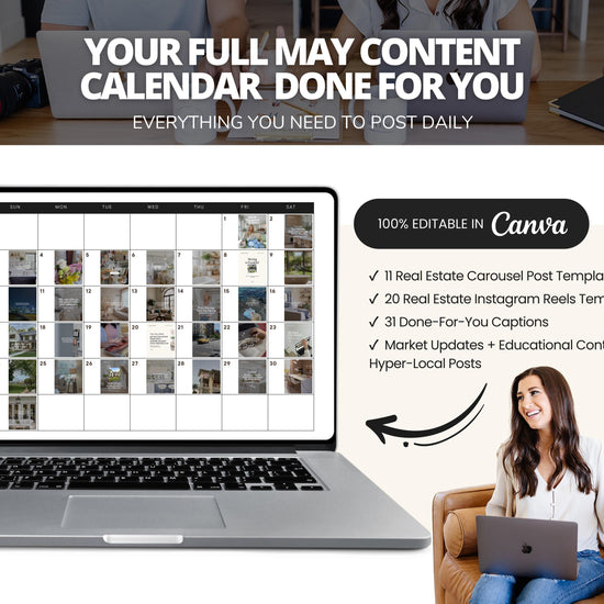 The image is a promotional graphic for a calendar service called Canva. It features a laptop displaying a calendar for the month of May 2016, along with a woman sitting on a couch and holding a smartphone. The text on the image highlights the features of the calendar service, including the ability to post daily content, editable content, and various options for creating and managing posts.