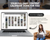 The image is a promotional graphic for a calendar service called Canva. It features a laptop displaying a calendar for the month of May 2016, along with a woman sitting on a couch and holding a smartphone. The text on the image highlights the features of the calendar service, including the ability to post daily content, editable content, and various options for creating and managing posts.