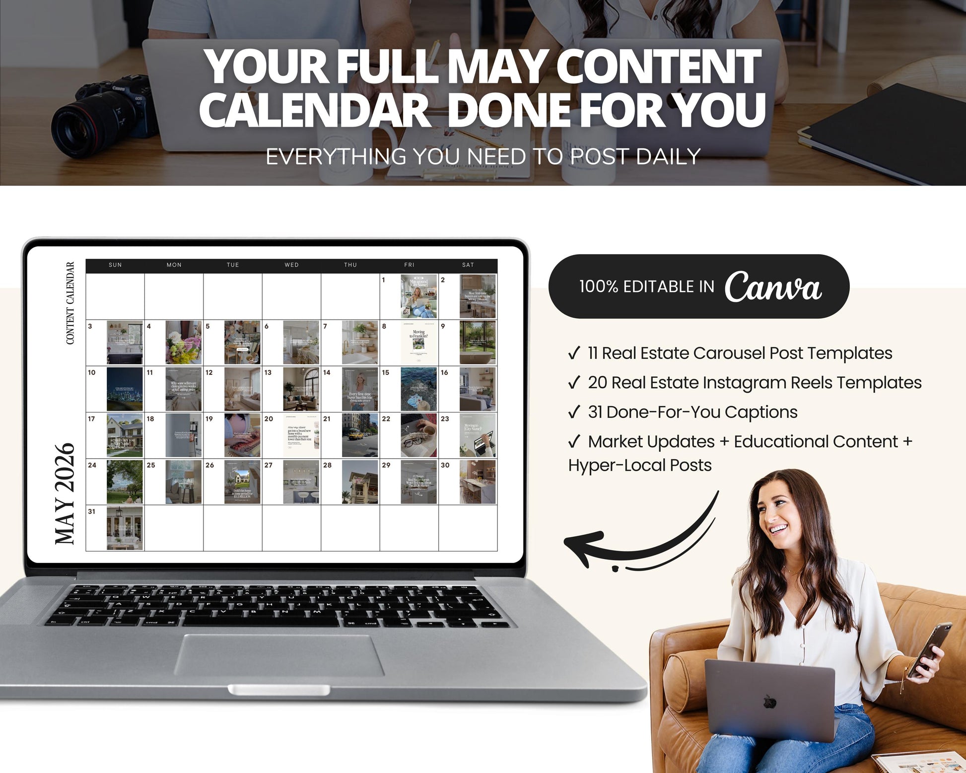 The image is a promotional graphic for a calendar service called Canva. It features a laptop displaying a calendar for the month of May 2016, along with a woman sitting on a couch and holding a smartphone. The text on the image highlights the features of the calendar service, including the ability to post daily content, editable content, and various options for creating and managing posts.
