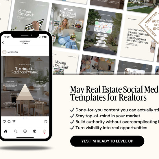 The image is a collage of various real estate-related images, including property listings, interior designs, and people interacting with real estate agents. The collage is spread across a white background, and there is a smartphone displaying a real estate social media template on the left side.