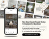 The image is a collage of various real estate-related images, including property listings, interior designs, and people interacting with real estate agents. The collage is spread across a white background, and there is a smartphone displaying a real estate social media template on the left side.