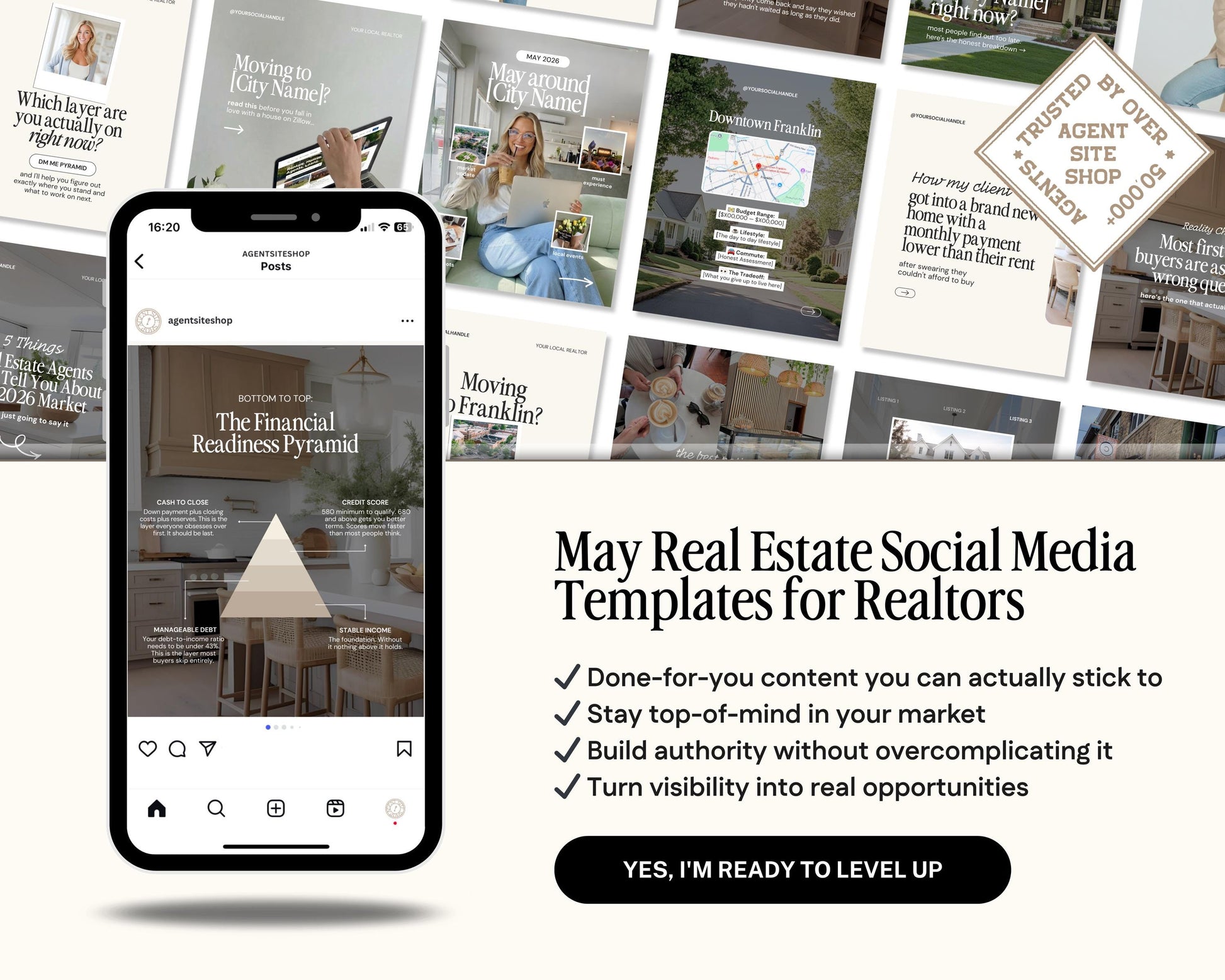 The image is a collage of various real estate-related images, including property listings, interior designs, and people interacting with real estate agents. The collage is spread across a white background, and there is a smartphone displaying a real estate social media template on the left side.