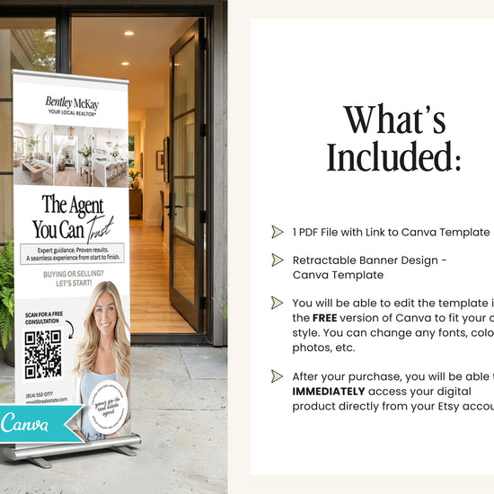 a Bentley McKay real estate agent's promotional banner for their digital product, which includes a free Canva template and the ability to customize the design.