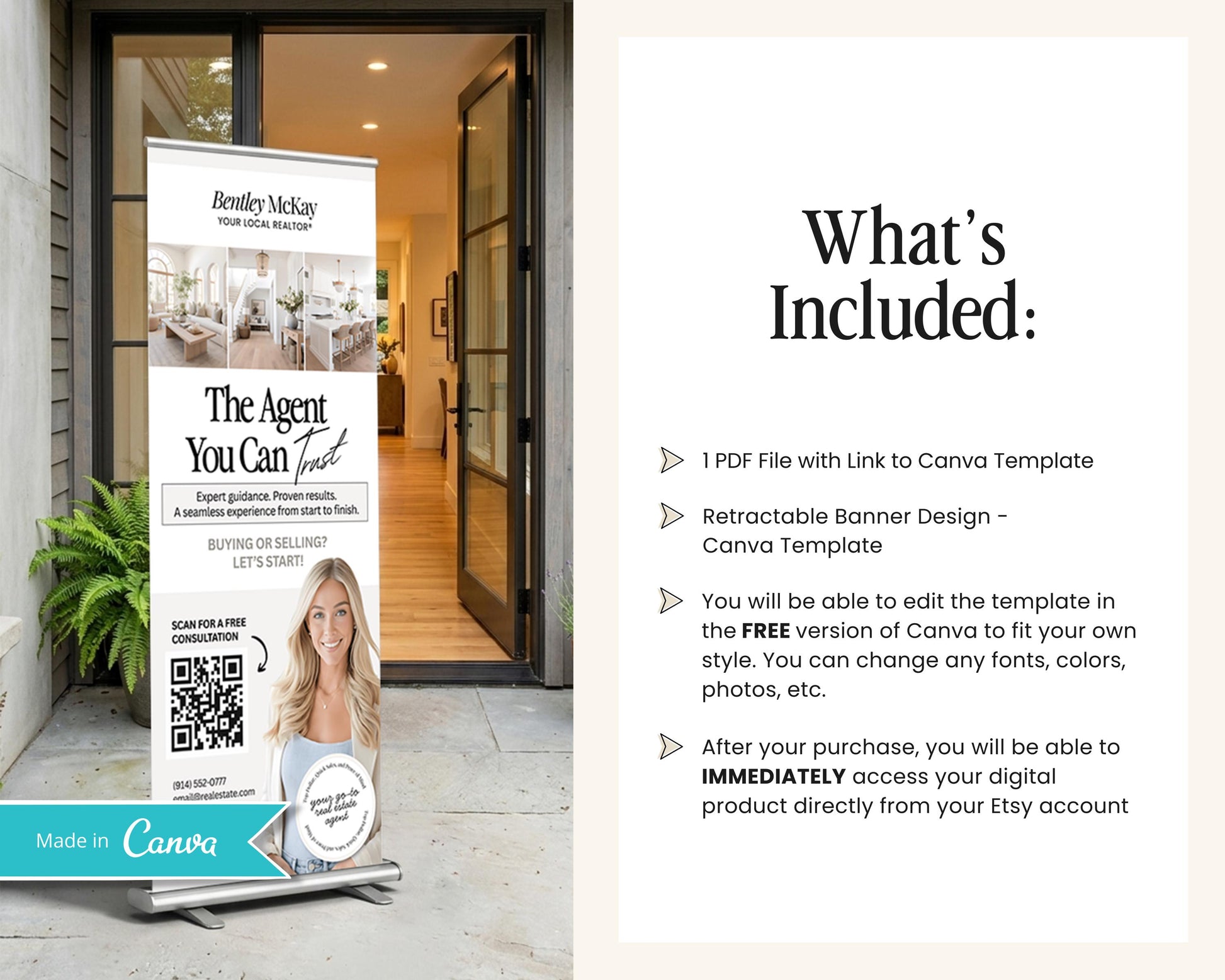 a Bentley McKay real estate agent's promotional banner for their digital product, which includes a free Canva template and the ability to customize the design.