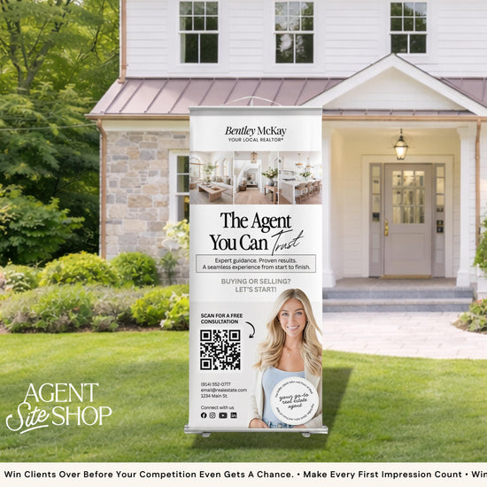 a real estate advertisement for Bentley McKay, a real estate agency, standing in front of a white house with a green lawn.