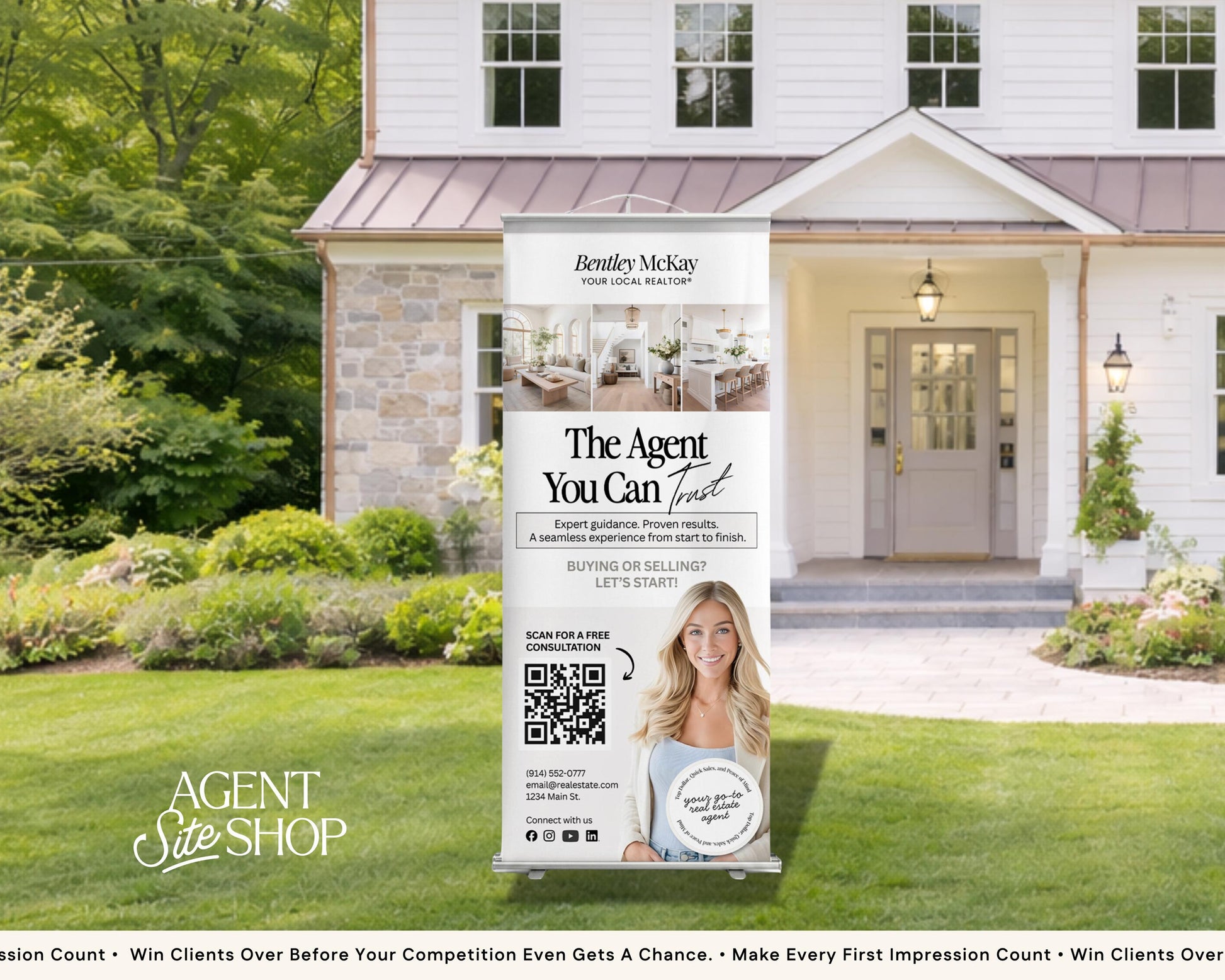 a real estate advertisement for Bentley McKay, a real estate agency, standing in front of a white house with a green lawn.