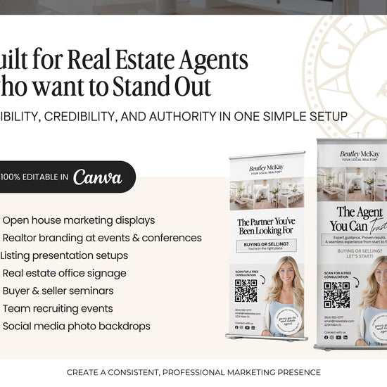 The image is an advertisement for a real estate agent service called "Built for Real Estate Agents who want to Stand Out". It features two large banners with information about the service, including details about visibility, credibility, and authority.