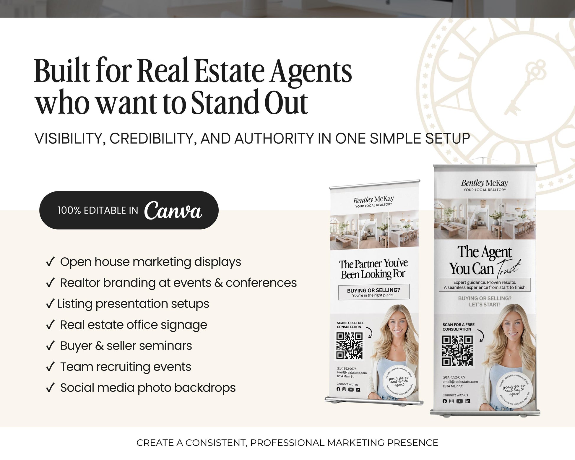 The image is an advertisement for a real estate agent service called "Built for Real Estate Agents who want to Stand Out". It features two large banners with information about the service, including details about visibility, credibility, and authority.