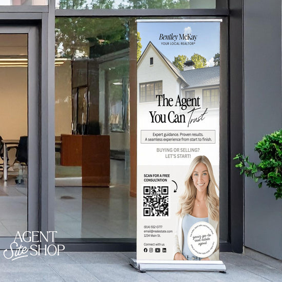 A real estate advertisement for Bentley McKay, featuring a woman in a white blouse and a house in the background. The advertisement promotes Bentley McKay as an expert real estate agent, offering expert guidance, proven results, and a seamless experience from start to finish. It encourages viewers to buy on selling and provides a contact number for a free quote consultation.
