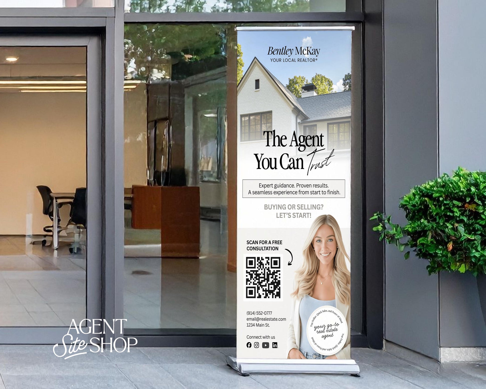 A real estate advertisement for Bentley McKay, featuring a woman in a white blouse and a house in the background. The advertisement promotes Bentley McKay as an expert real estate agent, offering expert guidance, proven results, and a seamless experience from start to finish. It encourages viewers to buy on selling and provides a contact number for a free quote consultation.