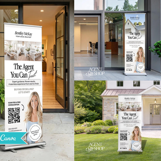 The image is a collage of four different images featuring banners advertising real estate services. The banners display a woman with blonde hair and a warm smile, along with text promoting the services of a real estate agent named Bentley McKay.