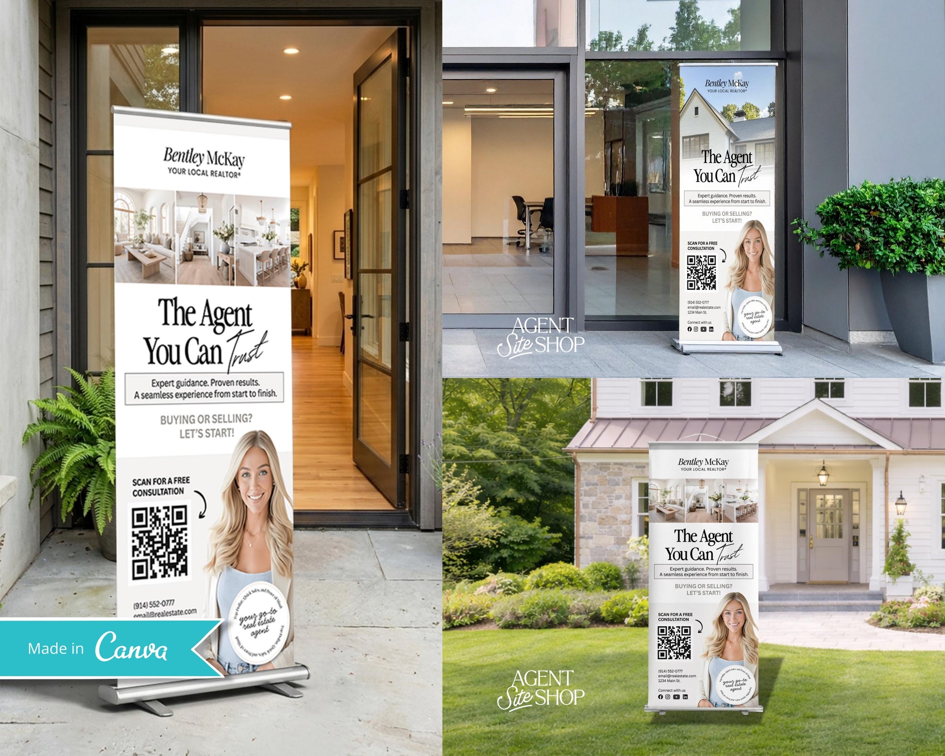 The image is a collage of four different images featuring banners advertising real estate services. The banners display a woman with blonde hair and a warm smile, along with text promoting the services of a real estate agent named Bentley McKay.