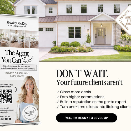 The image is an advertisement for a real estate agent named Bentley McKay, featuring a large house and a woman holding a sign.