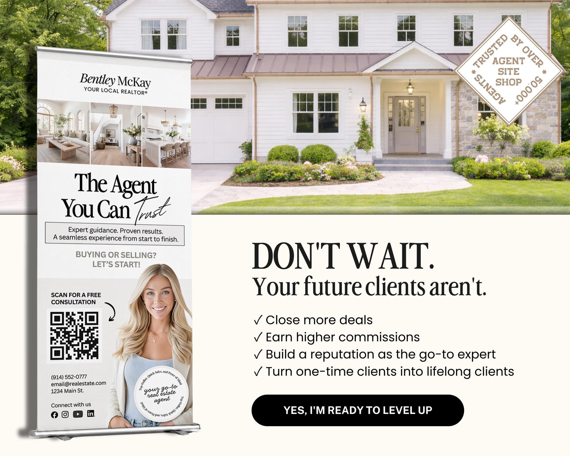The image is an advertisement for a real estate agent named Bentley McKay, featuring a large house and a woman holding a sign.