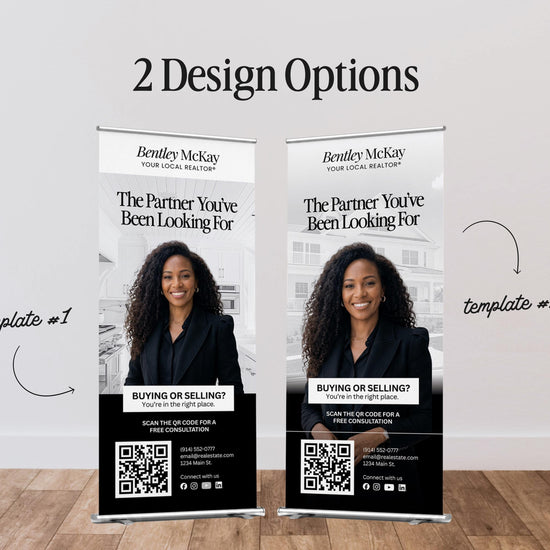 two banners for a real estate company, featuring a woman in a business suit. The banners have a design that includes text and a QR code, suggesting they are promotional materials for the company.