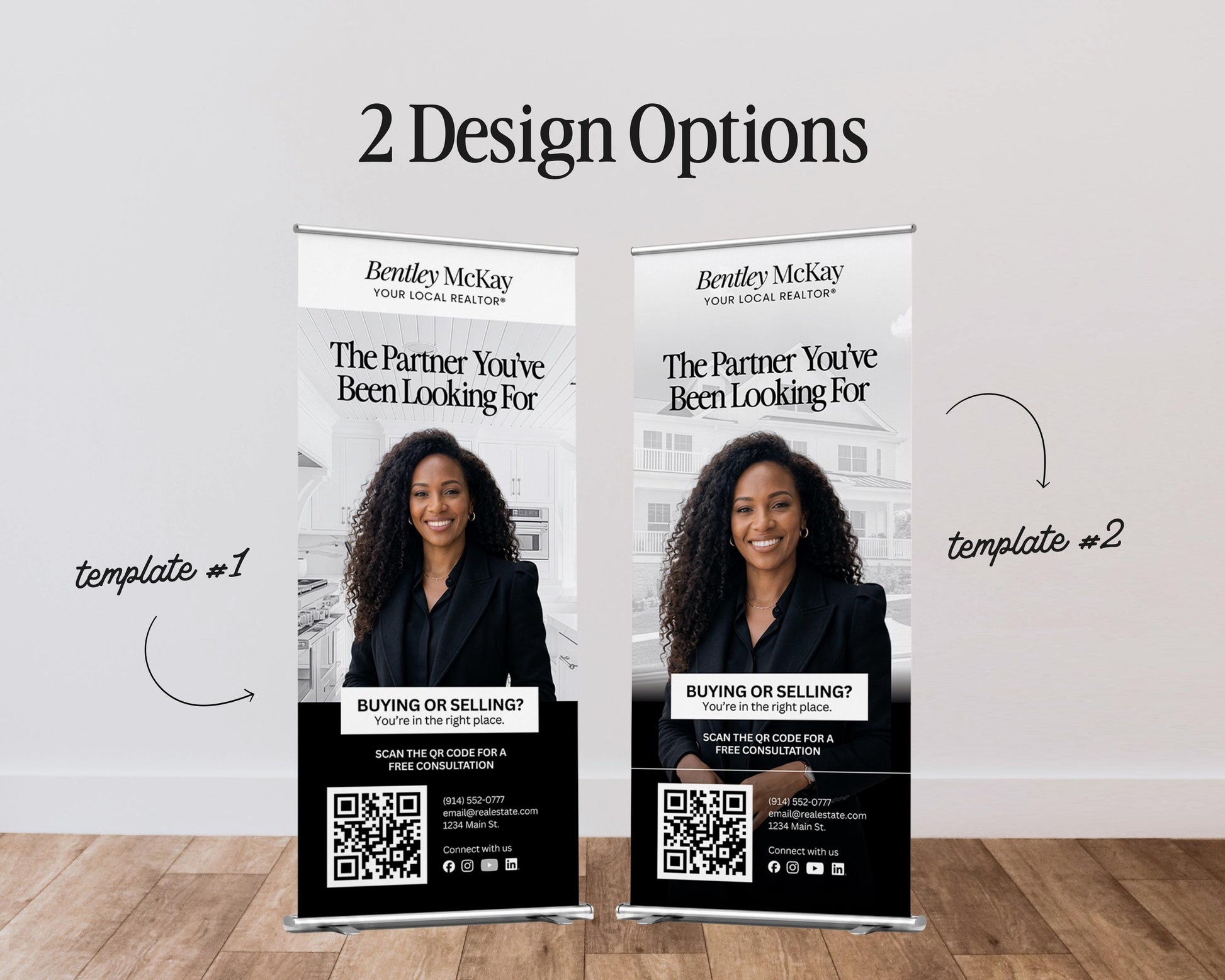 two banners for a real estate company, featuring a woman in a business suit. The banners have a design that includes text and a QR code, suggesting they are promotional materials for the company.