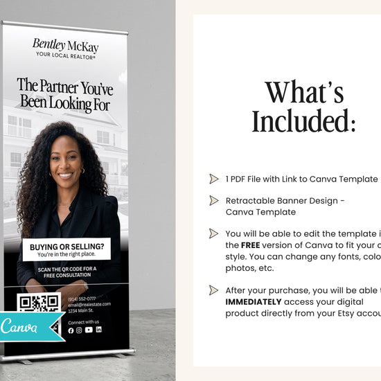 The image is a promotional banner for Bentley McKay Real Estate, featuring a smiling woman in a black suit. The banner includes a list of what's included, such as a free Canva template, a retractable banner design, and the ability to customize the template. The image also includes a QR code and a contact number for further information.