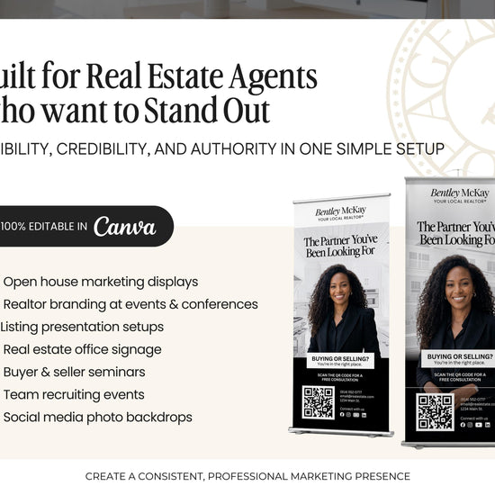 The image is a promotional banner for real estate agents who want to stand out. It features two banners with a woman in a black jacket and a man in a suit, both promoting Bentley McKay Real Estate. The banners are designed to showcase the company's expertise in real estate marketing and provide a simple, professional setup for agents.