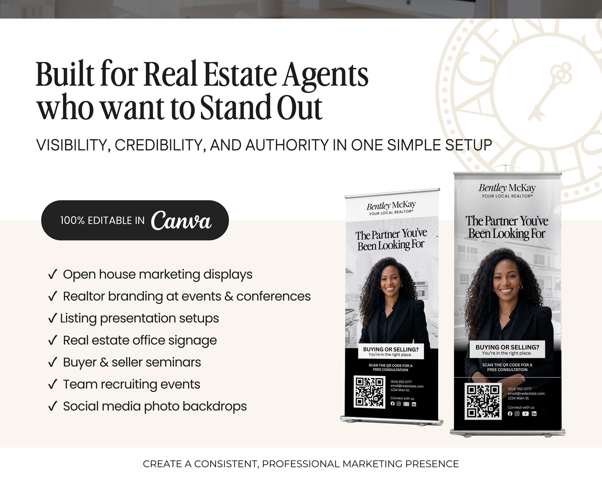 The image is a promotional banner for real estate agents who want to stand out. It features two banners with a woman in a black jacket and a man in a suit, both promoting Bentley McKay Real Estate. The banners are designed to showcase the company's expertise in real estate marketing and provide a simple, professional setup for agents.