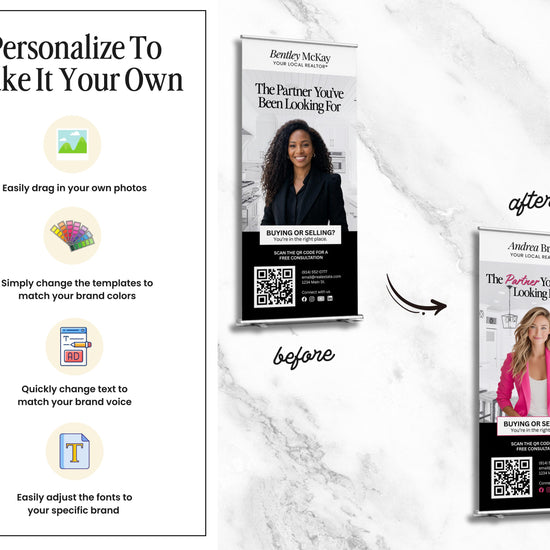 The image is a promotional banner for a real estate company, featuring a woman in a pink jacket and a black and white photo of a woman in a business suit. The banner provides instructions on how to personalize the banner to match the company's brand colors and offers options for changing the template, such as adding a photo or adjusting the font.