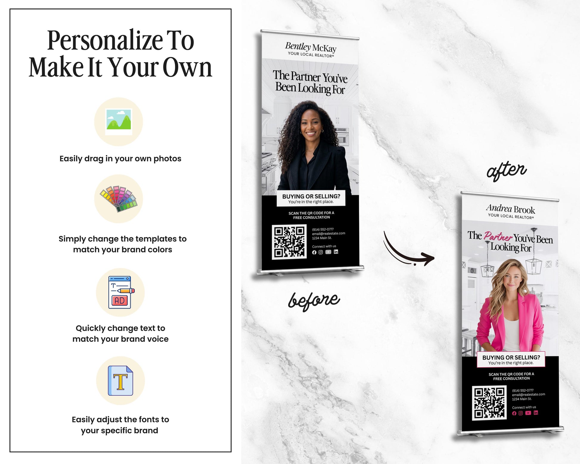 The image is a promotional banner for a real estate company, featuring a woman in a pink jacket and a black and white photo of a woman in a business suit. The banner provides instructions on how to personalize the banner to match the company's brand colors and offers options for changing the template, such as adding a photo or adjusting the font.