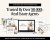 The image is an advertisement for a real estate marketing company, featuring a laptop displaying a listing presentation, brochures, and other real estate resources.