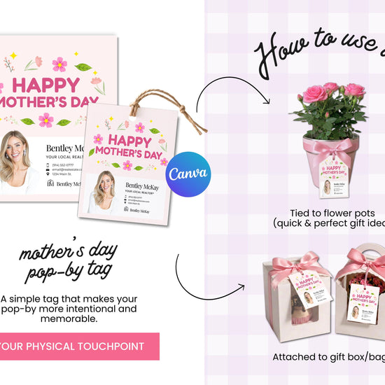 The image is a collage of three images: a card featuring a woman's photo, a potted plant with a tag, and a gift box with a tag. The text provides instructions on how to use these items, including attaching the card to a flower pot, using the tag as a pop-by-tag, and attaching the tag to a gift box. The image also includes a caption that reads "Your Physical Touchpoint" and "How to use it."