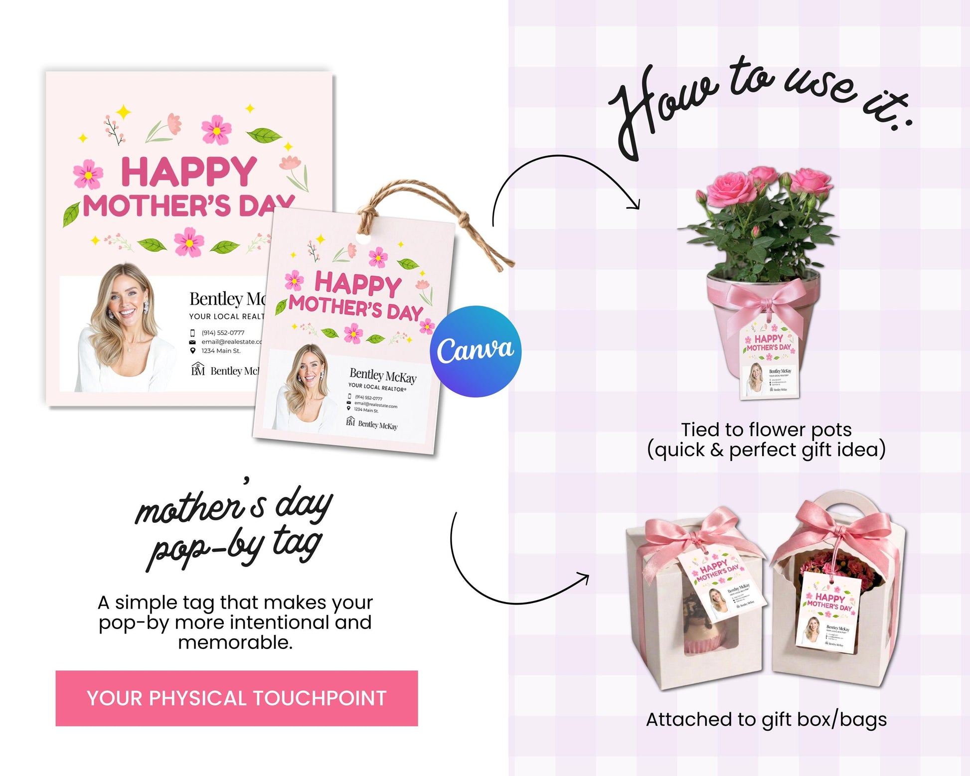 The image is a collage of three images: a card featuring a woman's photo, a potted plant with a tag, and a gift box with a tag. The text provides instructions on how to use these items, including attaching the card to a flower pot, using the tag as a pop-by-tag, and attaching the tag to a gift box. The image also includes a caption that reads "Your Physical Touchpoint" and "How to use it."