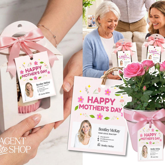 The image is a collage of three photos featuring a person holding a box with a "Happy Mother's Day" card, a person holding a card with a "Happy Mother's Day" card, and a person holding a potted plant with a "Happy Mother's Day" card.