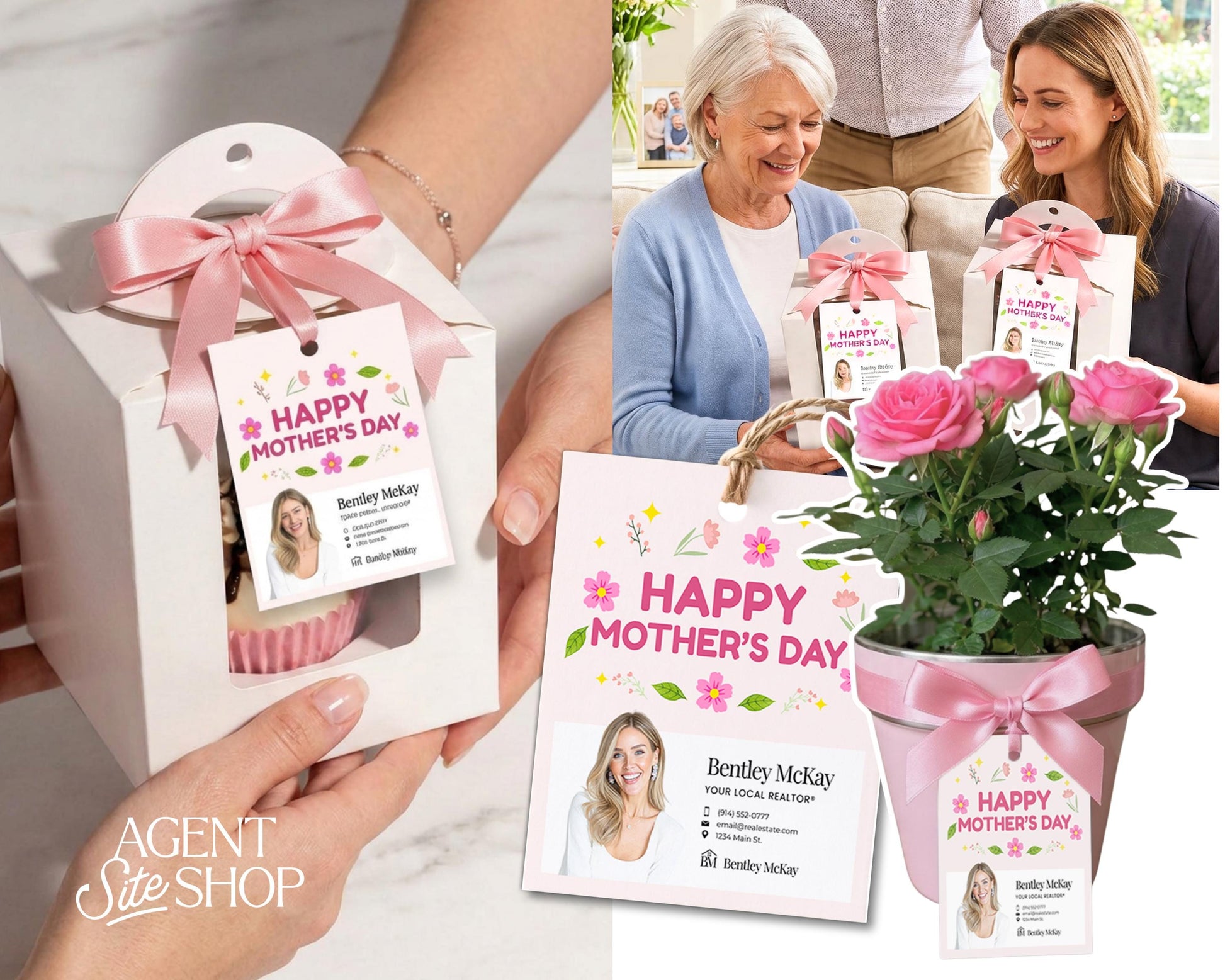 The image is a collage of three photos featuring a person holding a box with a "Happy Mother's Day" card, a person holding a card with a "Happy Mother's Day" card, and a person holding a potted plant with a "Happy Mother's Day" card.