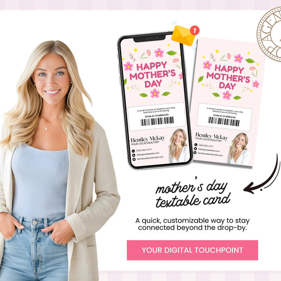 A smiling woman in a light-colored jacket stands next to a mobile phone displaying a "Happy Mother's Day" textable card.