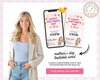 A smiling woman in a light-colored jacket stands next to a mobile phone displaying a "Happy Mother's Day" textable card.