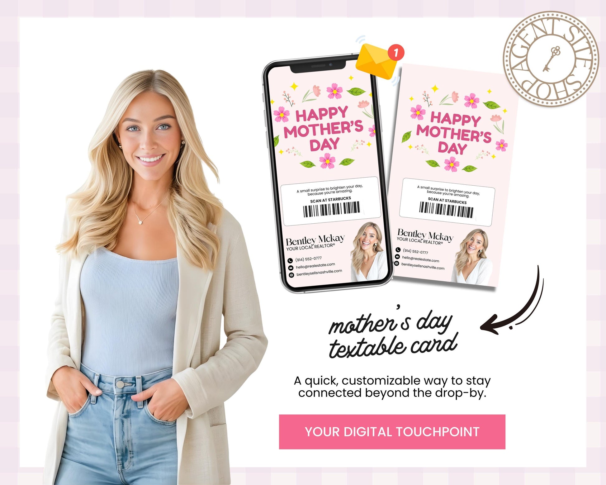A smiling woman in a light-colored jacket stands next to a mobile phone displaying a "Happy Mother's Day" textable card.