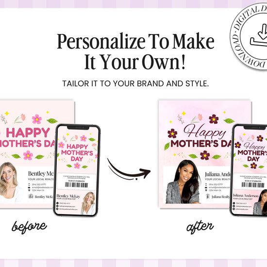 The image is a collage of two images, each featuring a woman's face and the text "Happy Mother's Day" in a pink and white color scheme. The text is styled in a playful and festive manner, suggesting a personalized touch for Mother's Day.