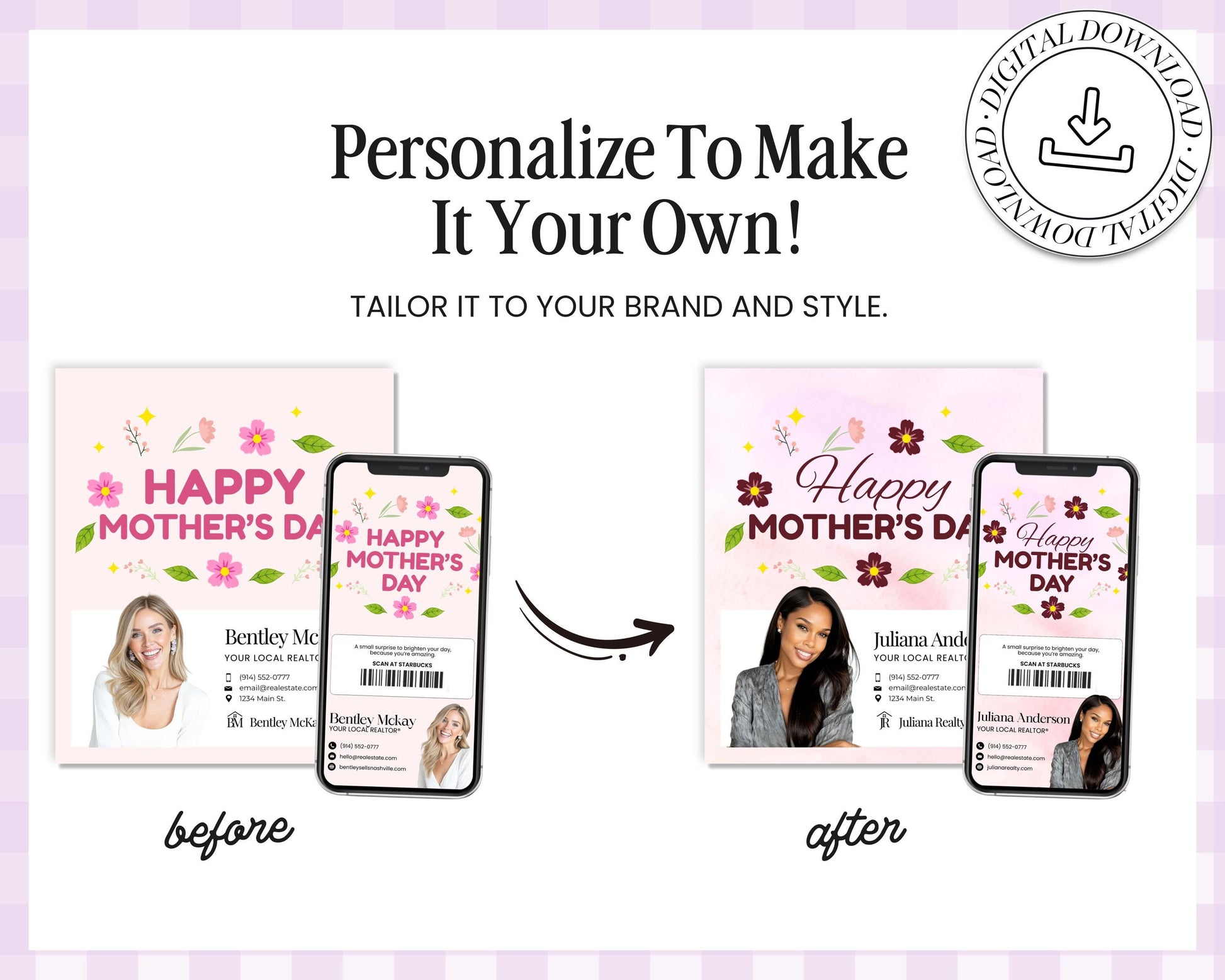The image is a collage of two images, each featuring a woman's face and the text "Happy Mother's Day" in a pink and white color scheme. The text is styled in a playful and festive manner, suggesting a personalized touch for Mother's Day.