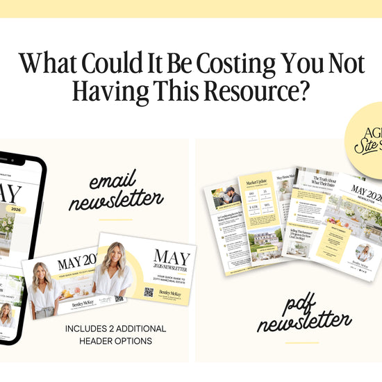 The image is a collage of various marketing materials related to real estate, including a smartphone displaying a real estate app, brochures, and a magazine. The text asks "What Could It Be Costing You Not Having This Resource?" and includes options like an email newsletter, a magazine, and a PDF version.