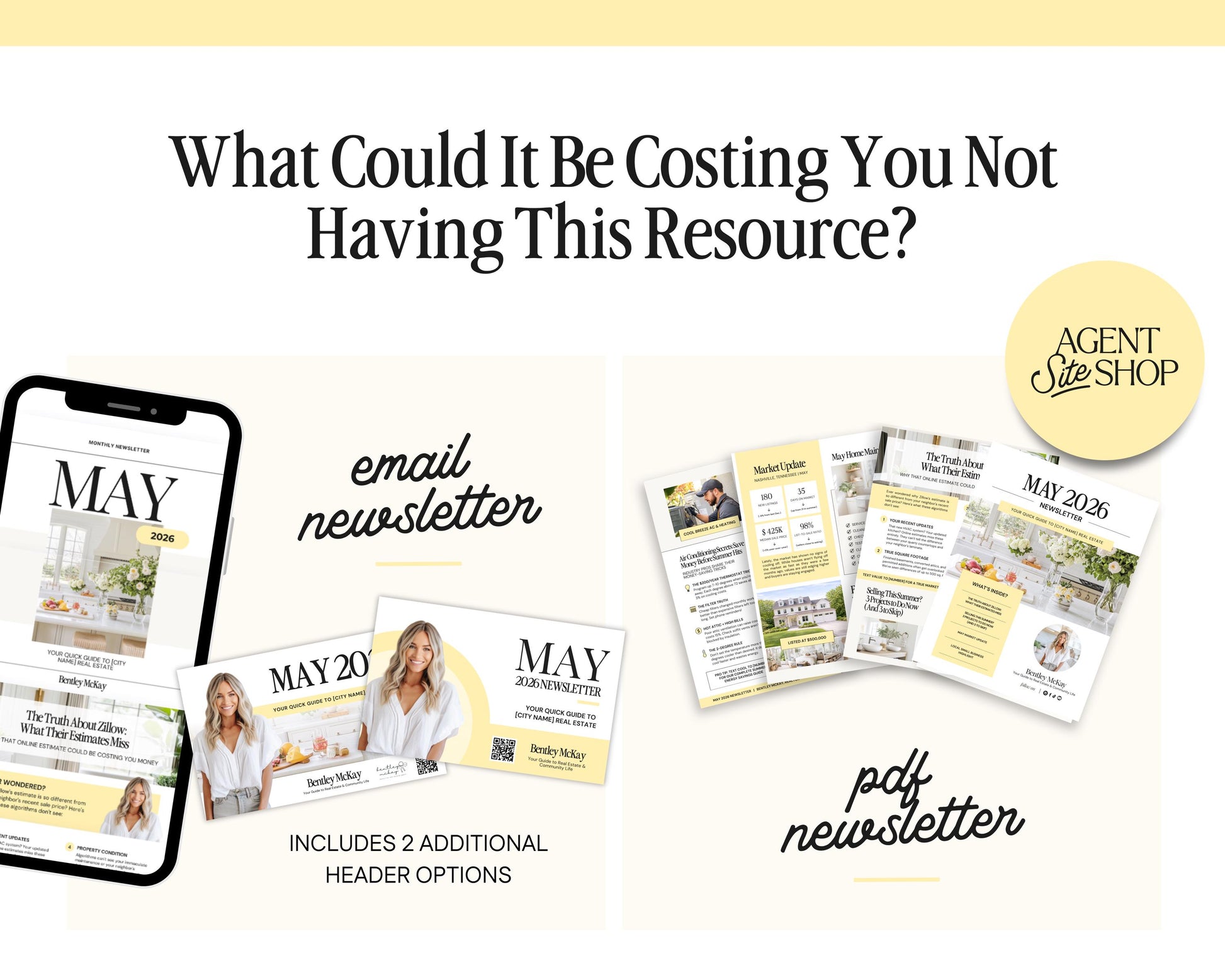 The image is a collage of various marketing materials related to real estate, including a smartphone displaying a real estate app, brochures, and a magazine. The text asks "What Could It Be Costing You Not Having This Resource?" and includes options like an email newsletter, a magazine, and a PDF version.