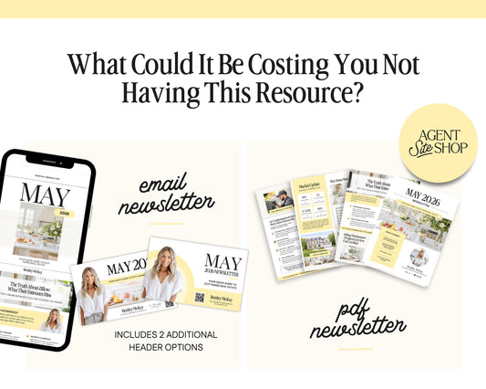 The image is a collage of various marketing materials related to real estate, including a smartphone displaying a real estate app, brochures, and a magazine. The text asks "What Could It Be Costing You Not Having This Resource?" and includes options like an email newsletter, a magazine, and a PDF version.