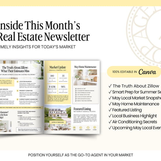 The image is a promotional material for a real estate newsletter, featuring a layout with various sections and images related to the content of the newsletter.
