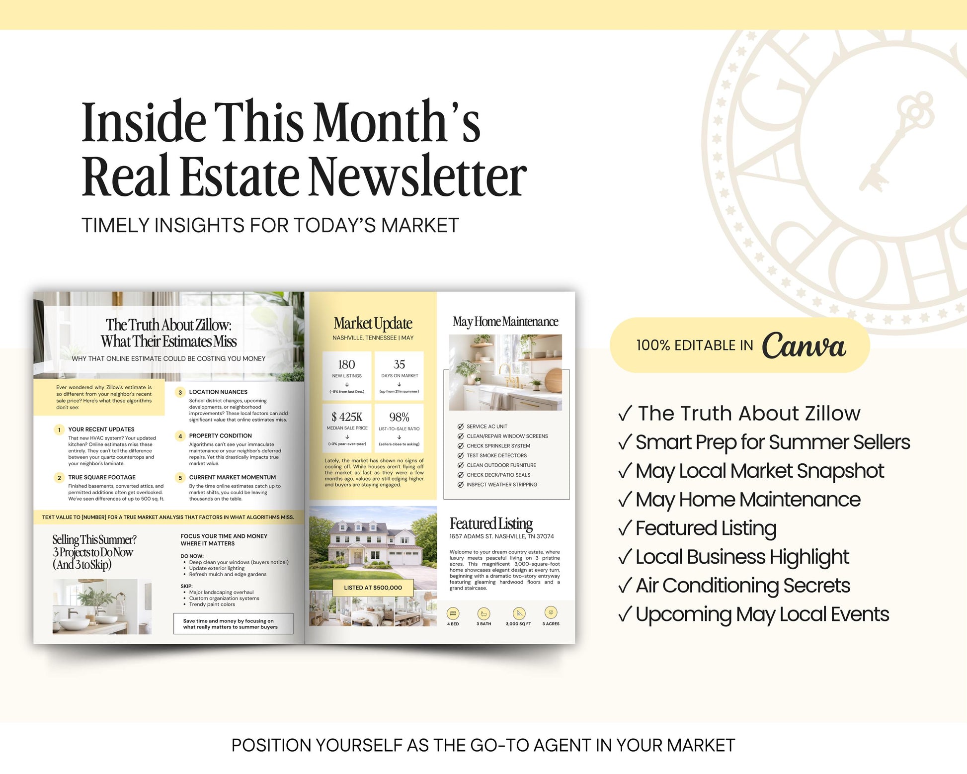 The image is a promotional material for a real estate newsletter, featuring a layout with various sections and images related to the content of the newsletter.