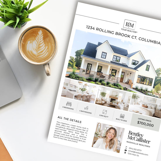 a real estate advertisement for a house, with a laptop, coffee cup, and potted plant in the background.